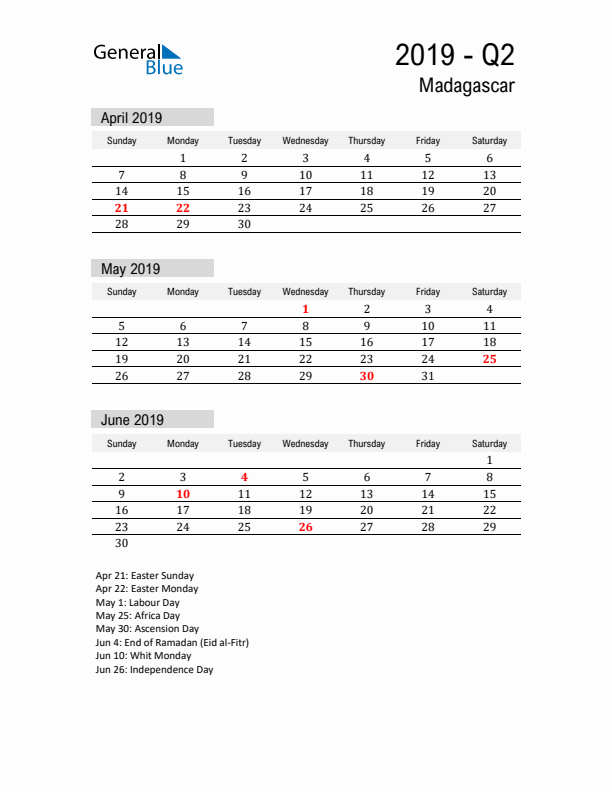 Madagascar Quarter 2 2019 Calendar with Holidays