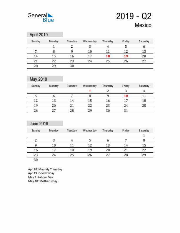 Mexico Quarter 2 2019 Calendar with Holidays