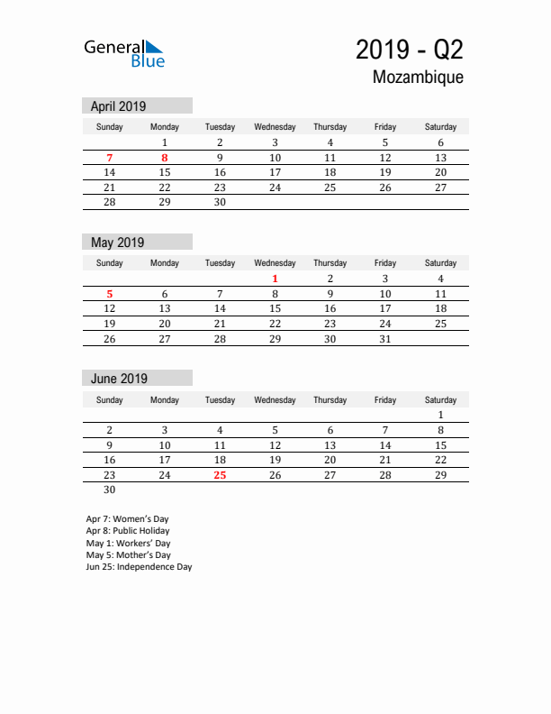 Mozambique Quarter 2 2019 Calendar with Holidays