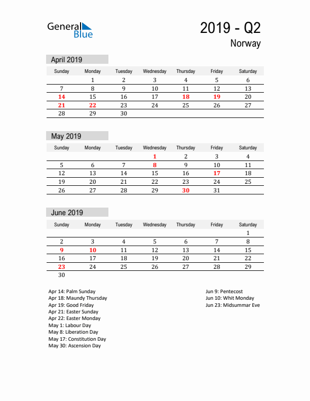 Norway Quarter 2 2019 Calendar with Holidays