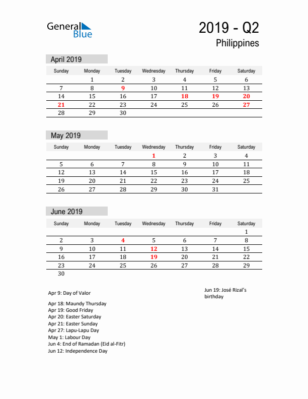 Philippines Quarter 2 2019 Calendar with Holidays