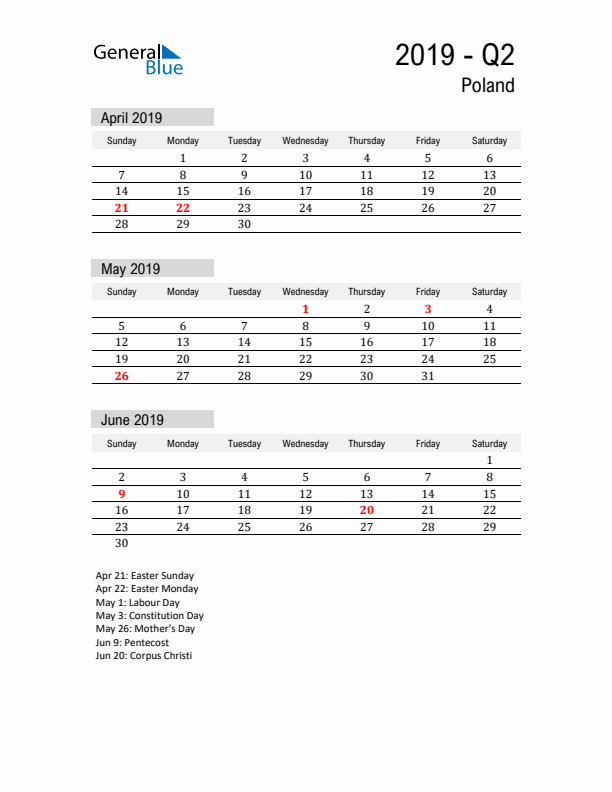 Poland Quarter 2 2019 Calendar with Holidays