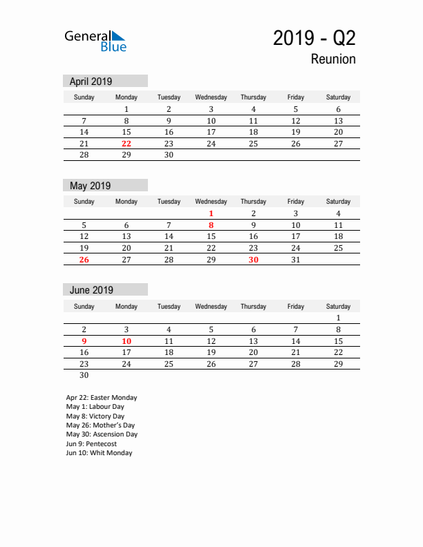 Reunion Quarter 2 2019 Calendar with Holidays