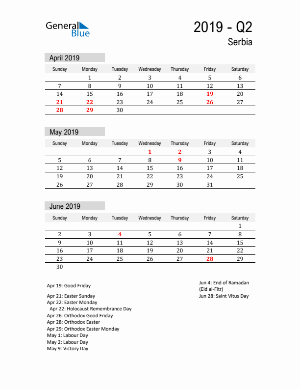 Serbia Quarter 2 2019 Calendar with Holidays