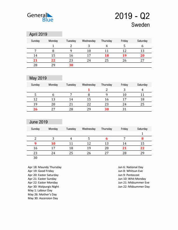 Sweden Quarter 2 2019 Calendar with Holidays