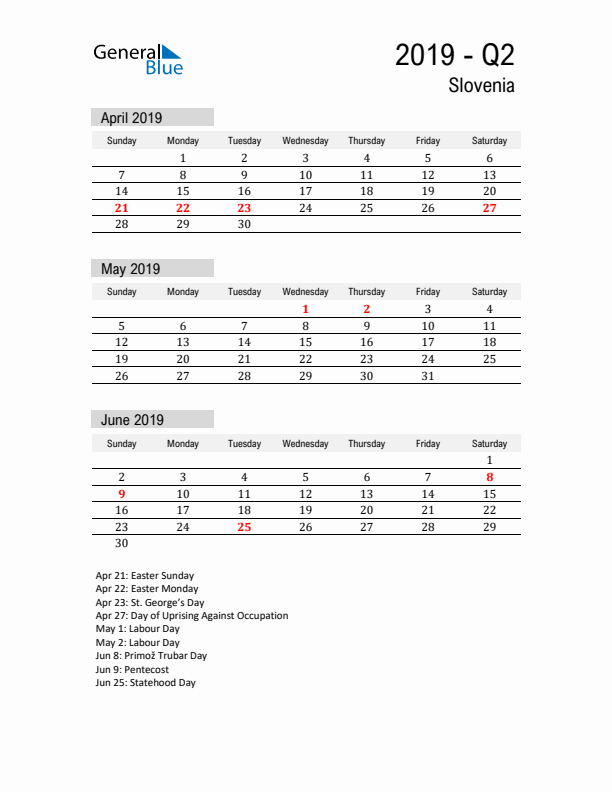 Slovenia Quarter 2 2019 Calendar with Holidays