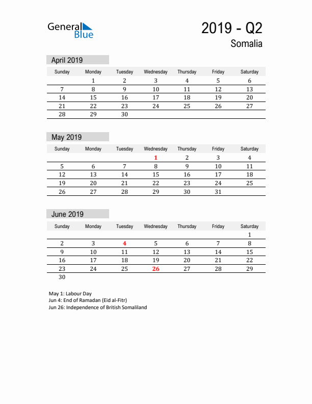 Somalia Quarter 2 2019 Calendar with Holidays