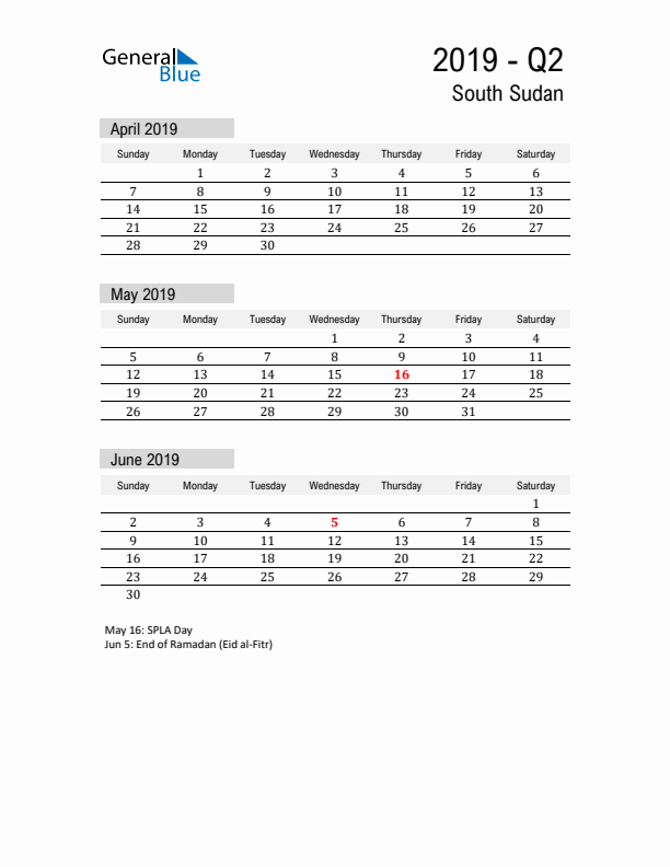 South Sudan Quarter 2 2019 Calendar with Holidays