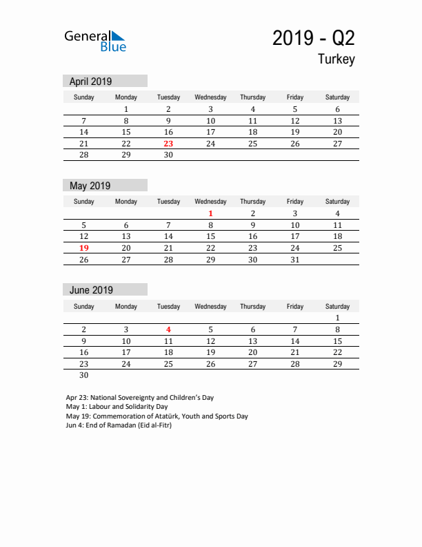 Turkey Quarter 2 2019 Calendar with Holidays