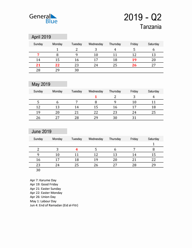 Tanzania Quarter 2 2019 Calendar with Holidays