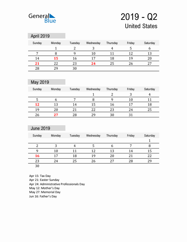 United States Quarter 2 2019 Calendar with Holidays