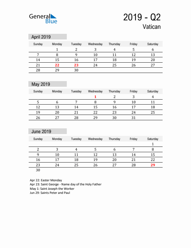 Vatican Quarter 2 2019 Calendar with Holidays