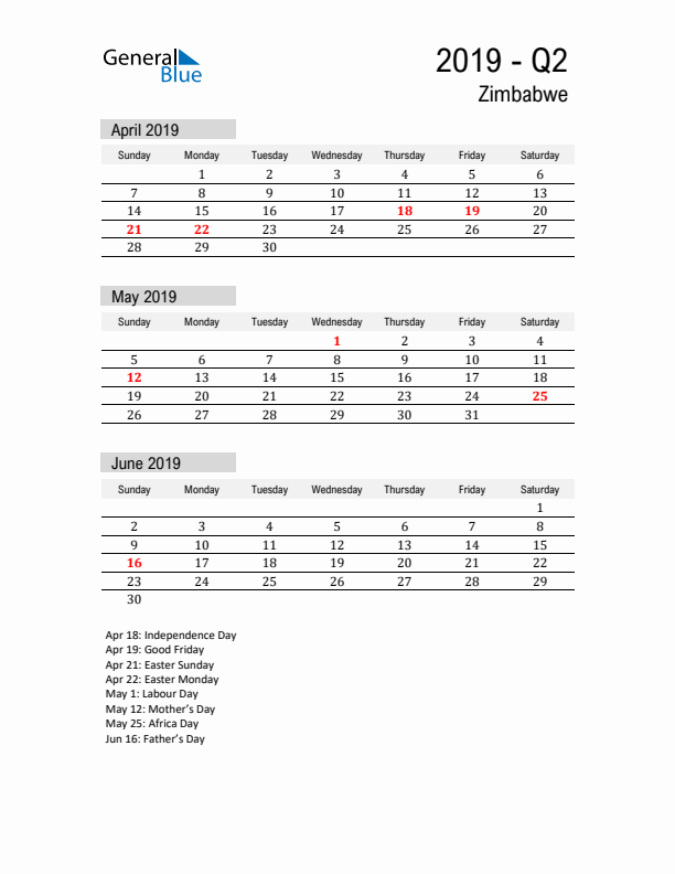 Zimbabwe Quarter 2 2019 Calendar with Holidays