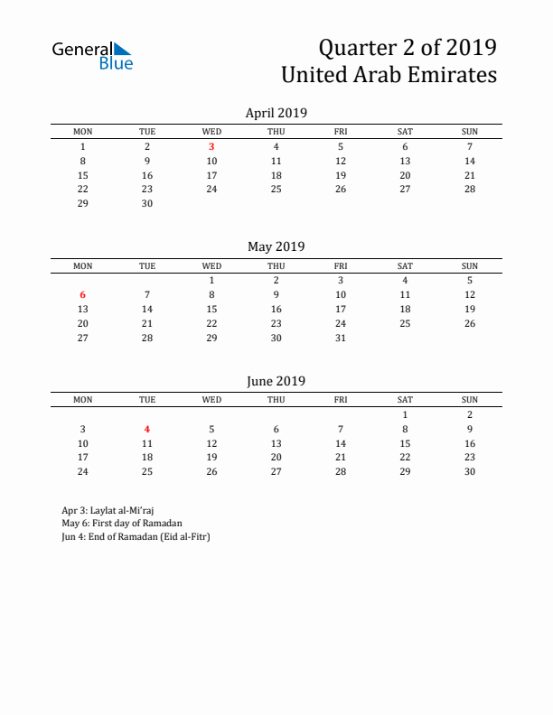 Quarter 2 2019 United Arab Emirates Quarterly Calendar