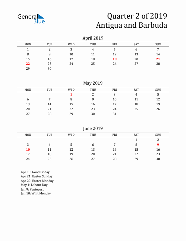 Quarter 2 2019 Antigua and Barbuda Quarterly Calendar