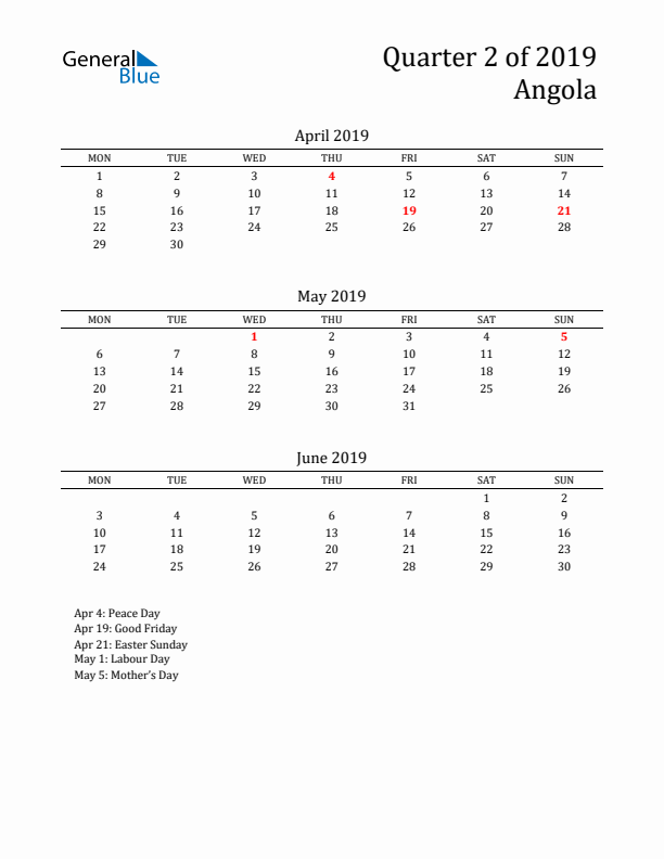 Quarter 2 2019 Angola Quarterly Calendar