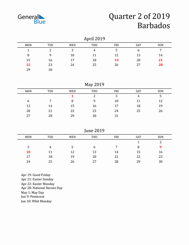 Quarter 2 2019 Barbados Quarterly Calendar