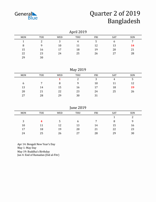 Quarter 2 2019 Bangladesh Quarterly Calendar