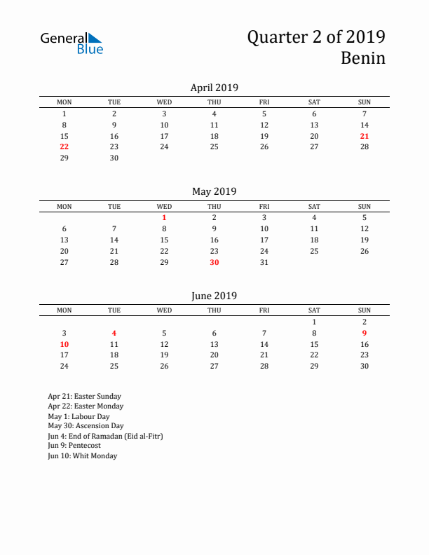 Quarter 2 2019 Benin Quarterly Calendar