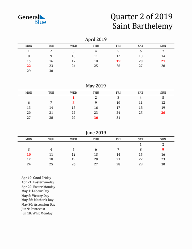 Quarter 2 2019 Saint Barthelemy Quarterly Calendar