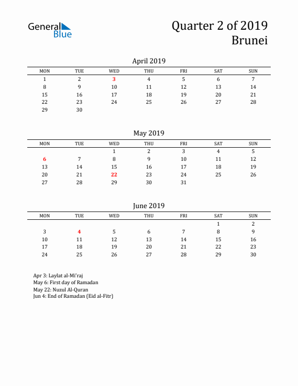 Quarter 2 2019 Brunei Quarterly Calendar