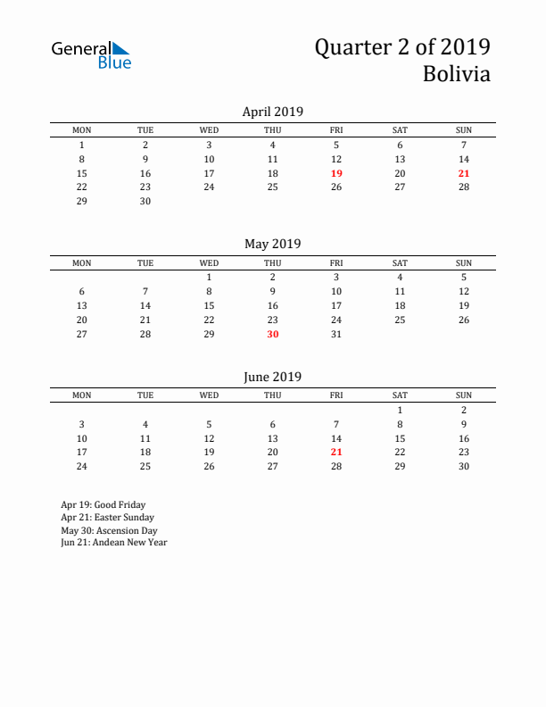 Quarter 2 2019 Bolivia Quarterly Calendar