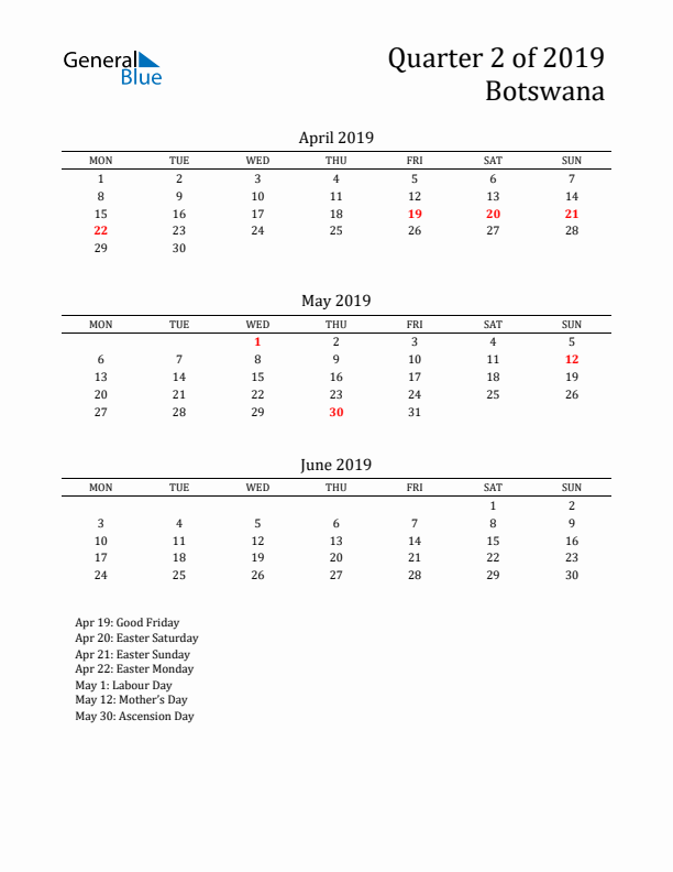 Quarter 2 2019 Botswana Quarterly Calendar