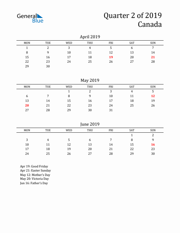 Quarter 2 2019 Canada Quarterly Calendar