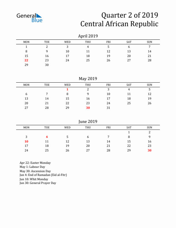 Quarter 2 2019 Central African Republic Quarterly Calendar