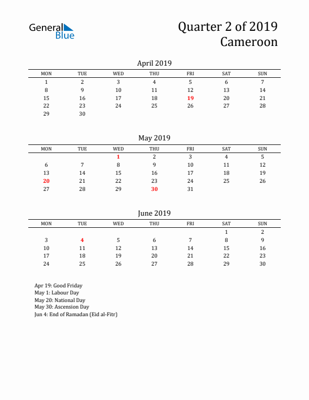 Quarter 2 2019 Cameroon Quarterly Calendar