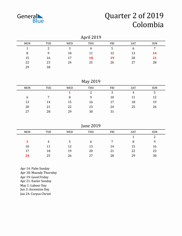 Quarter 2 2019 Colombia Quarterly Calendar