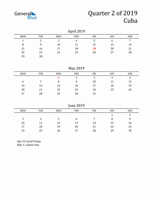 Quarter 2 2019 Cuba Quarterly Calendar