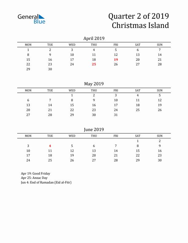 Quarter 2 2019 Christmas Island Quarterly Calendar