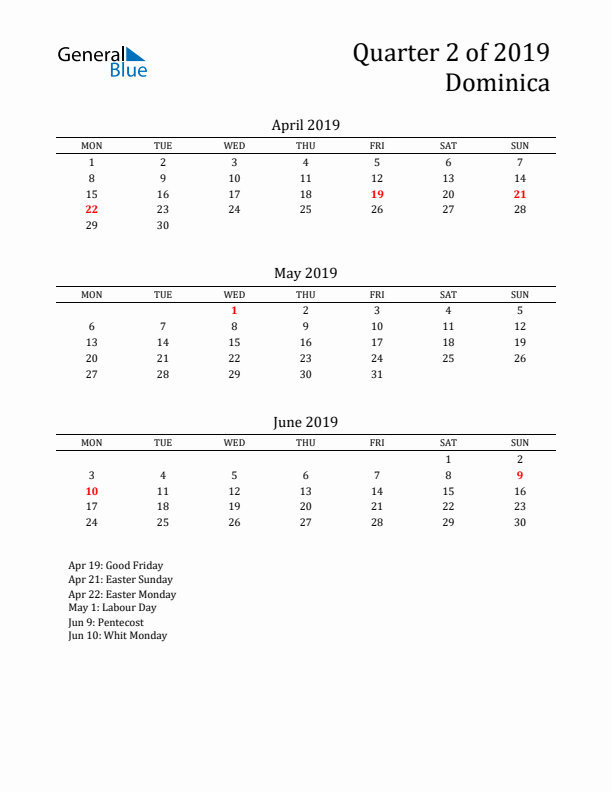 Quarter 2 2019 Dominica Quarterly Calendar