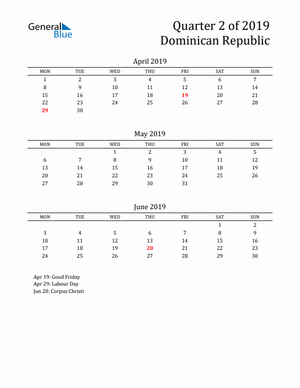 Quarter 2 2019 Dominican Republic Quarterly Calendar