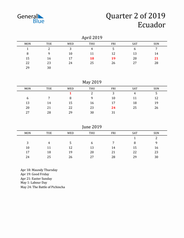 Quarter 2 2019 Ecuador Quarterly Calendar