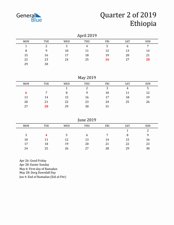 Quarter 2 2019 Ethiopia Quarterly Calendar