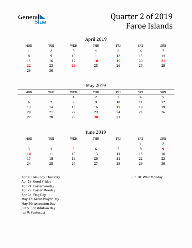 Quarter 2 2019 Faroe Islands Quarterly Calendar