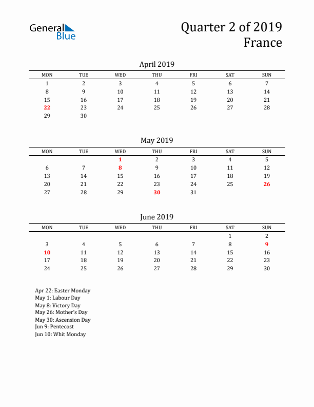 Quarter 2 2019 France Quarterly Calendar