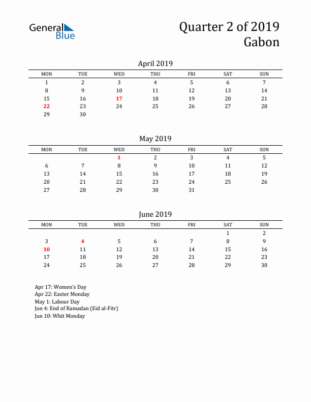 Quarter 2 2019 Gabon Quarterly Calendar