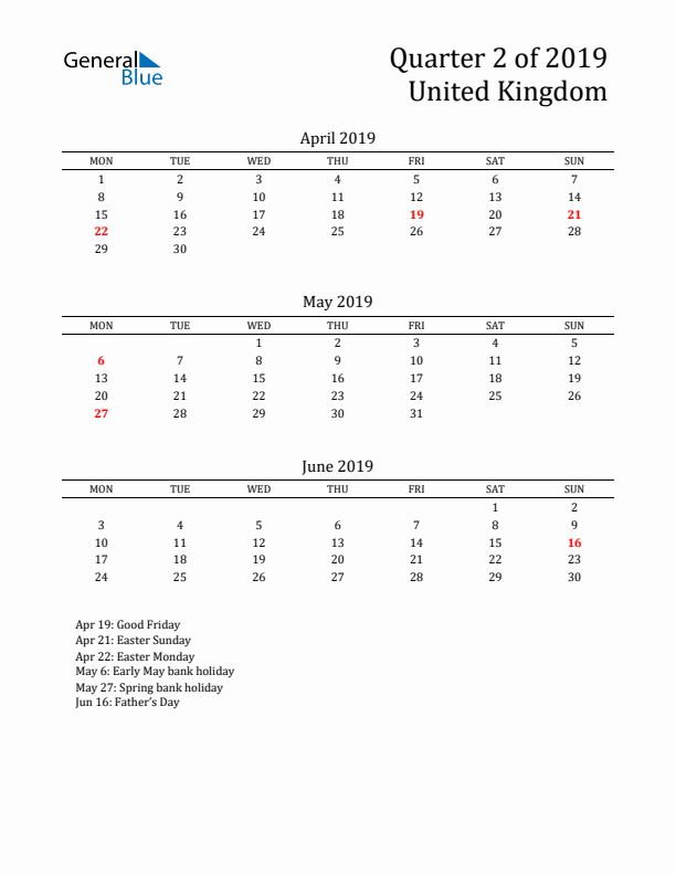 Quarter 2 2019 United Kingdom Quarterly Calendar