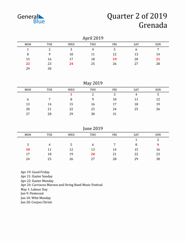 Quarter 2 2019 Grenada Quarterly Calendar