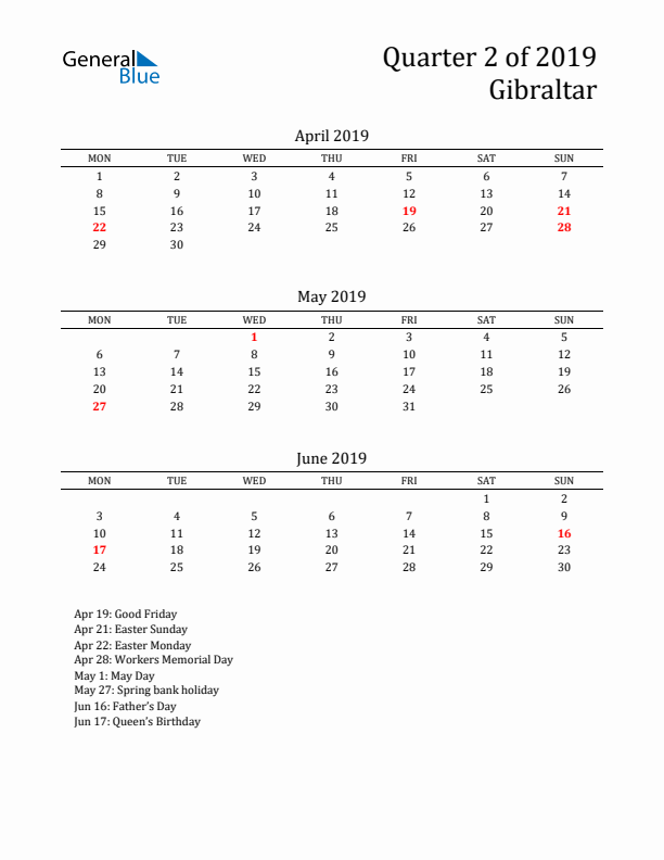 Quarter 2 2019 Gibraltar Quarterly Calendar