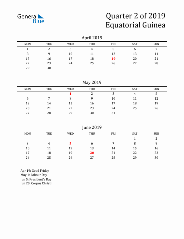 Quarter 2 2019 Equatorial Guinea Quarterly Calendar