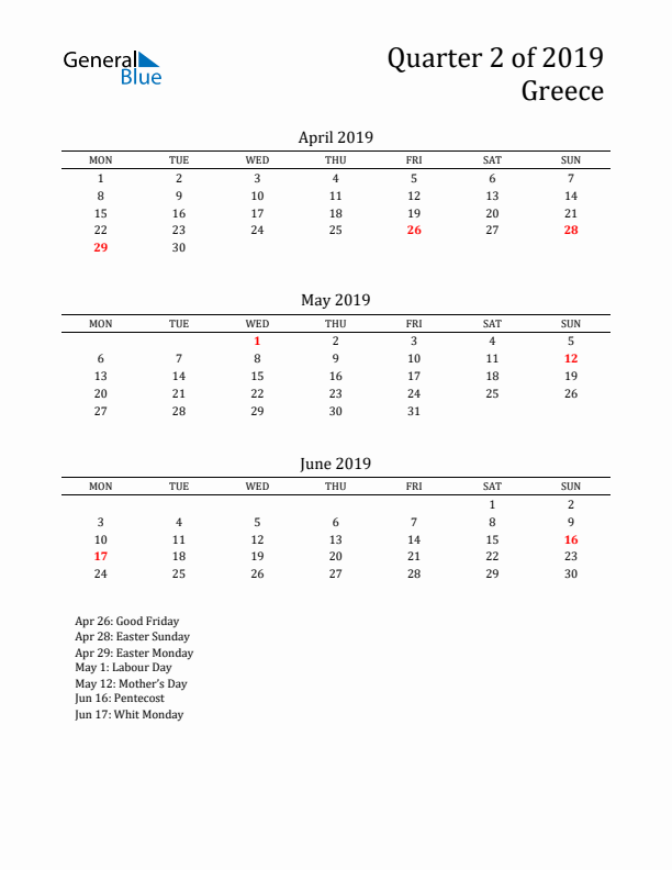 Quarter 2 2019 Greece Quarterly Calendar