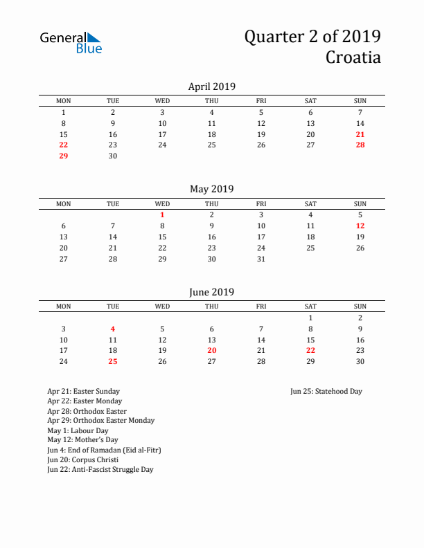 Quarter 2 2019 Croatia Quarterly Calendar