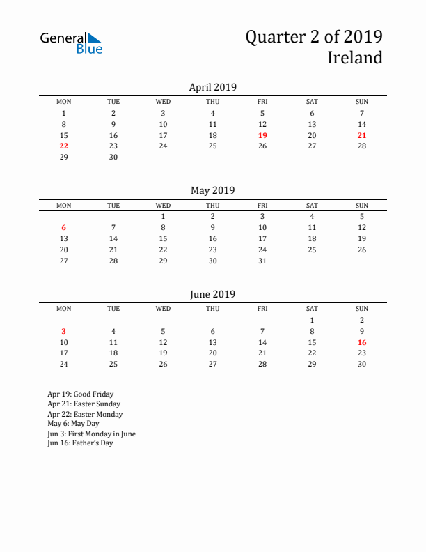 Quarter 2 2019 Ireland Quarterly Calendar