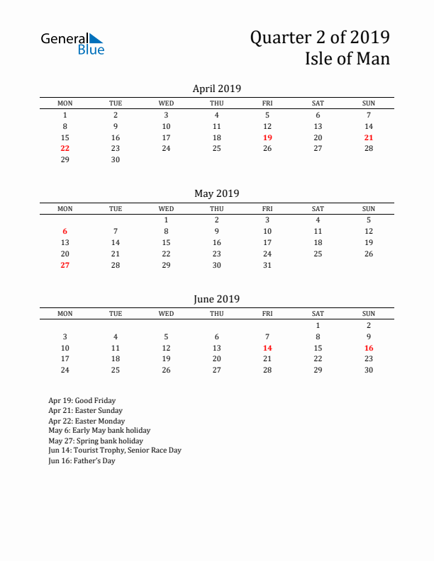 Quarter 2 2019 Isle of Man Quarterly Calendar