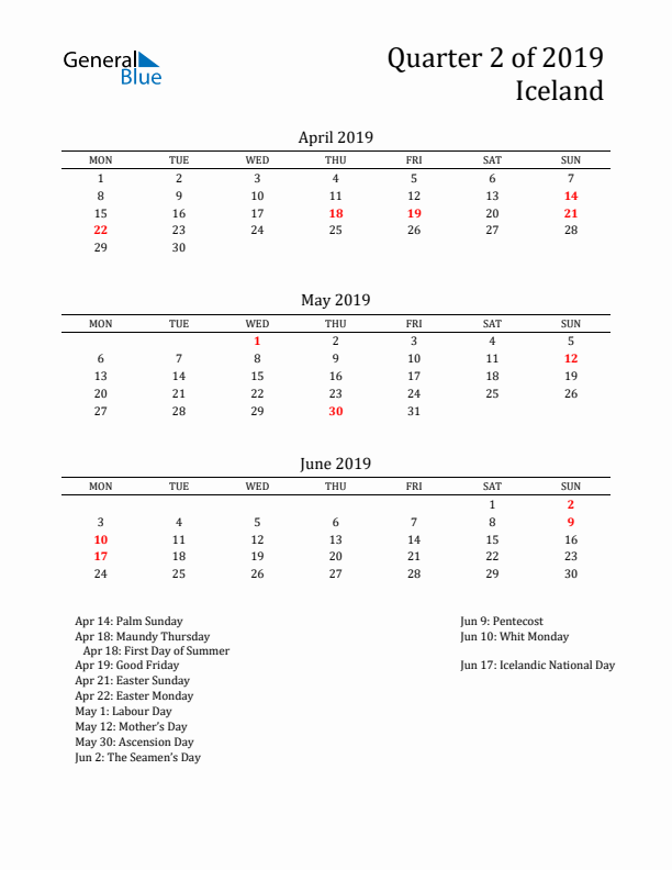 Quarter 2 2019 Iceland Quarterly Calendar