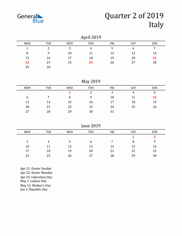 Quarter 2 2019 Italy Quarterly Calendar